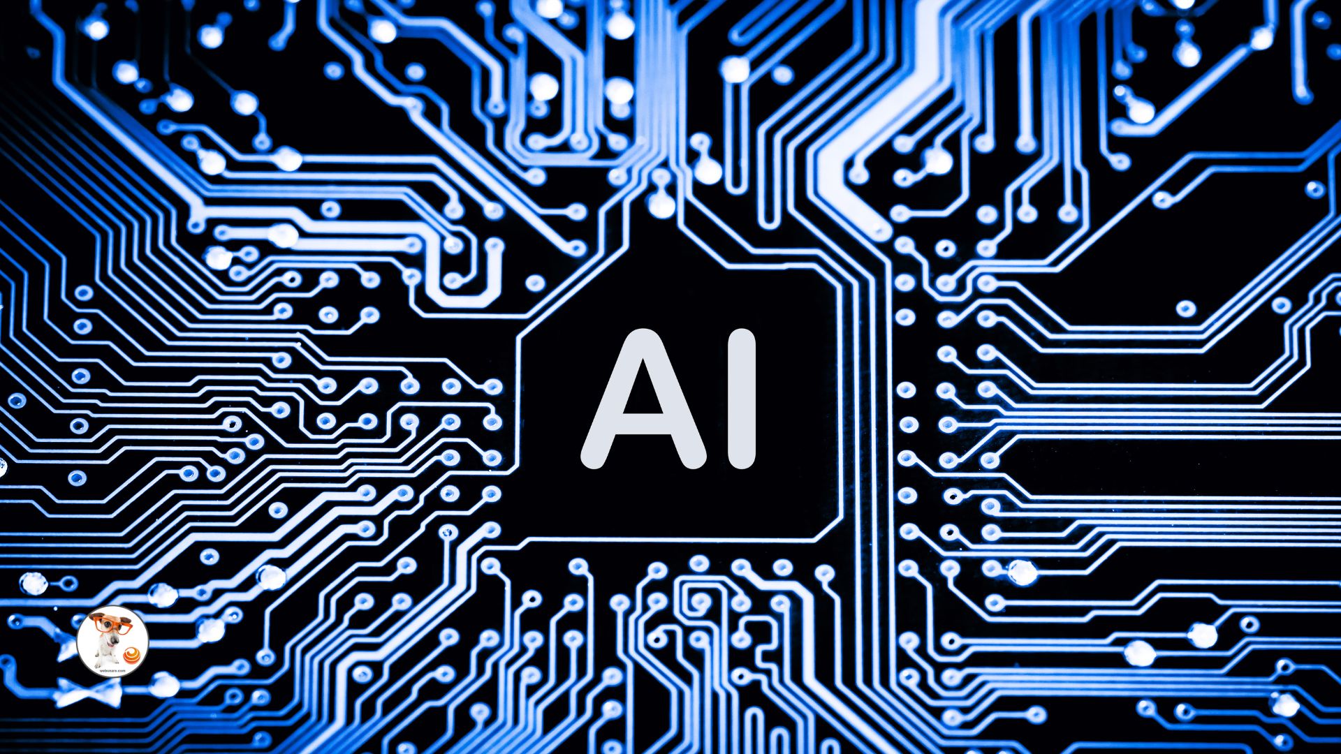 AI circuit board graphic with central AI chip symbolizing neural networks and machine intelligence.