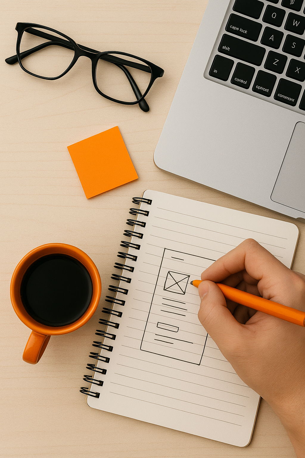 Hand sketching a wireframe layout in notebook beside laptop and coffee — Websnare website design and UX planning